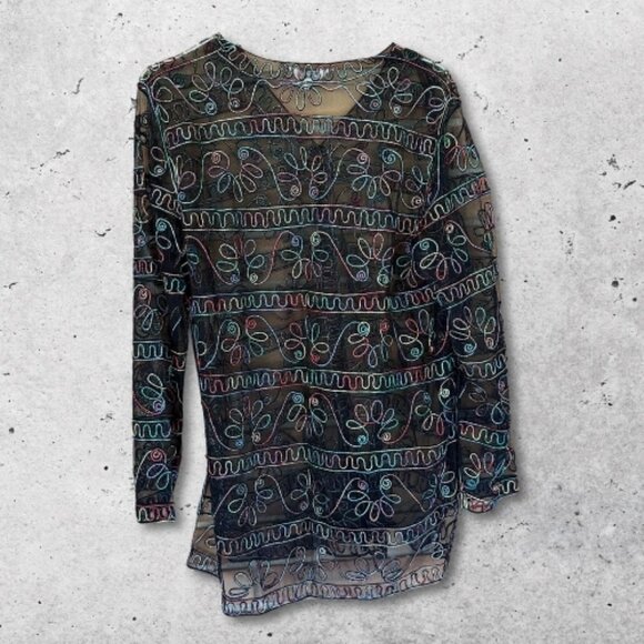 Celsa Sheer Mesh Duster Lightweight Embroidered Floral‎ Black Multicolor W L - Picture 2 of 10